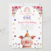 かわいい豚のピンクの花のグリーン 誕生日 招待状 (正面)