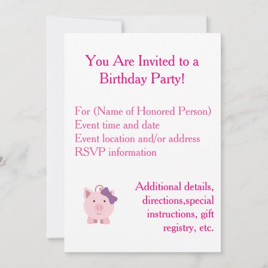 かわいい豚の女の子 招待状 (裏面)