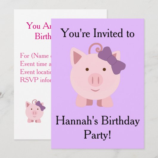 かわいい豚の女の子 招待状 (正面/裏面)