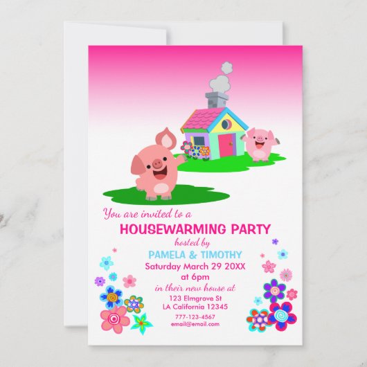 かわいい豚の引っ越し祝いパーティーパーティの招待状 招待状 (正面)