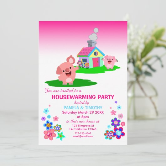 かわいい豚の引っ越し祝いパーティーパーティの招待状 招待状 (スタンド正面)