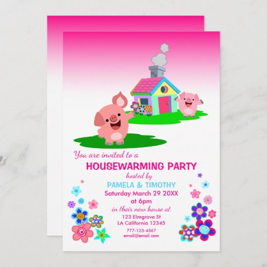 かわいい豚の引っ越し祝いパーティーパーティの招待状 招待状 (正面/裏面)