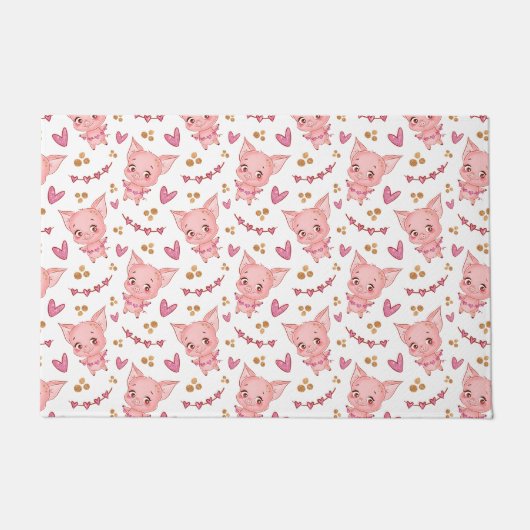 かわいい豚の柄とハート ドアマット (正面)