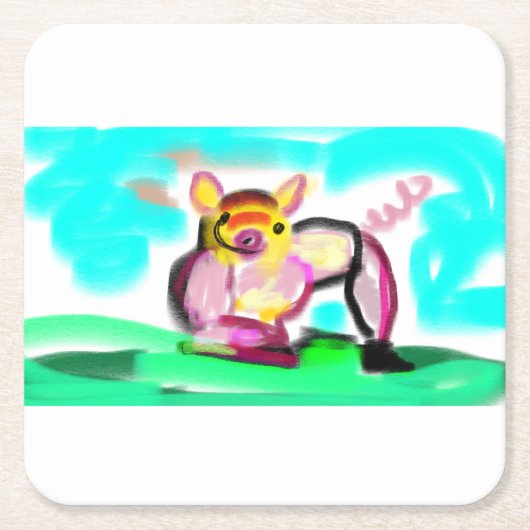 かわいい豚の絵 スクエアペーパーコースター (正面)