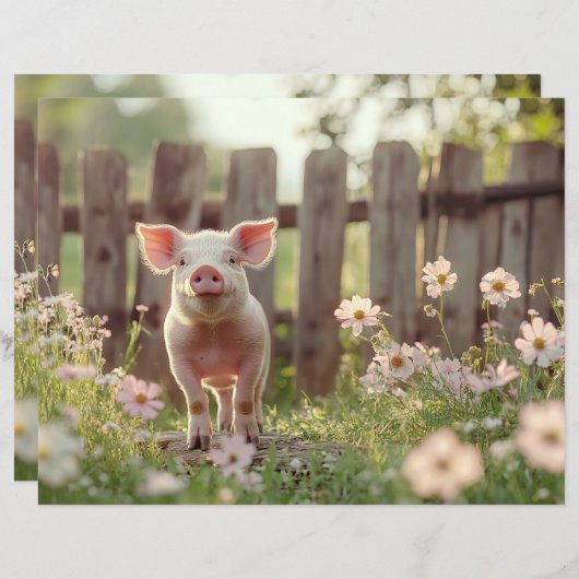 かわいい豚の花の庭のスクラップブック紙 (正面/裏面)