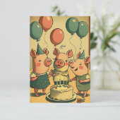 かわいい豚の誕生日パーティフラットグリーティングカード サンキューカード (スタンド正面)
