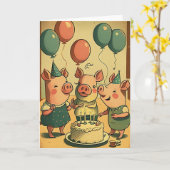 かわいい豚の誕生日パーティーグリーティングカード カード (黄色い花)