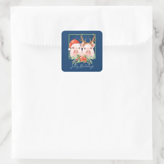 かわいい豚カップルのクリスマス スクエアシール (バッグ)