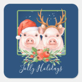 かわいい豚カップルのクリスマス スクエアシール (正面)