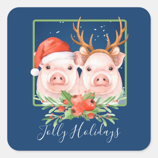 かわいい豚カップルのクリスマス スクエアシール (正面)