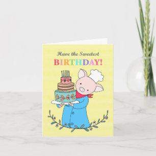 かわいい豚シェフが大きなお誕生日ケーキスイーツを保持 カード
