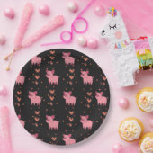 かわいい豚ピギーとピンクのハートパターンブラックスタイル ペーパープレート (パーティー)