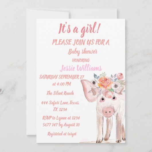 かわいい豚ピグレットファーム動物ピンク赤ちゃん女の子 招待状 (正面)