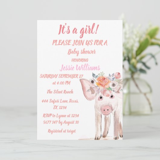 かわいい豚ピグレットファーム動物ピンク赤ちゃん女の子 招待状 (スタンド正面)