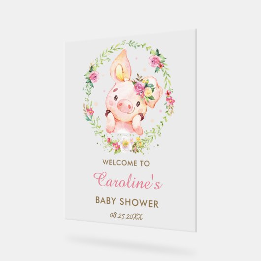 かわいい豚ピンクフローラ赤ちゃんシャワーへようこそ アクリルサイン (傾斜)