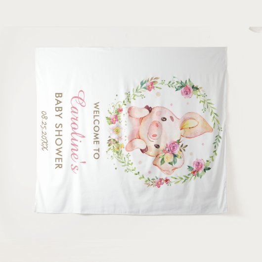 かわいい豚ピンクフローラ赤ちゃんシャワー大歓迎 タペストリー (正面(横))