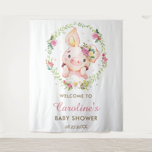 かわいい豚ピンクフローラ赤ちゃんシャワー大歓迎 タペストリー (正面)