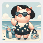 かわいい豚水玉模様水着でビーチ スクエアシール (正面)