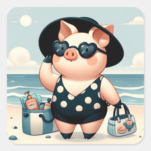 かわいい豚水玉模様水着でビーチ スクエアシール (正面)