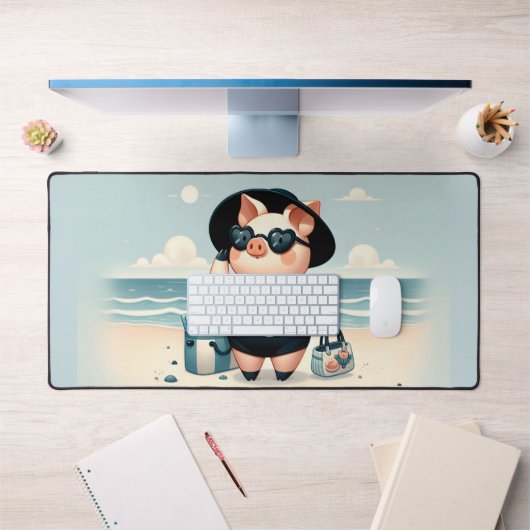 かわいい豚水玉模様水着でビーチ デスクマット (オフィス1)
