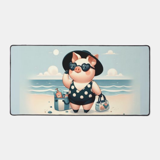かわいい豚水玉模様水着でビーチ デスクマット (正面)