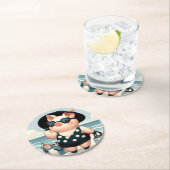 かわいい豚水玉模様水着でビーチ ラウンドペーパーコースター (インサイチュ)