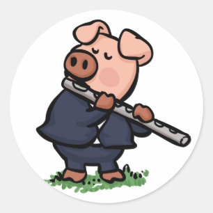 かわいい豚遊のフルート漫画 背景色を選択 ラウンドシール