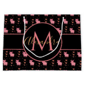 かわいい豚 ピンクハート ユニークな動物 モノグラム & 名前 ラージペーパーバッグ (正面)