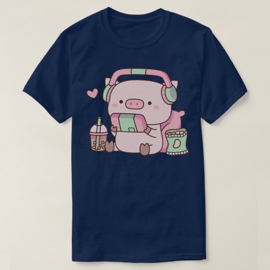 かわいい豚(ヘッドフォンと軽食) Tシャツ (デザイン正面)