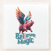 かわいい豚(羽カラフル付) |信じ魔法 ガラスコースター (正面)