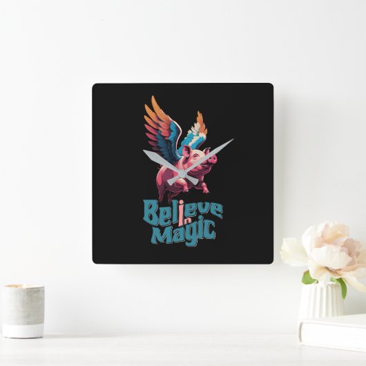 かわいい豚(羽カラフル付) |信じ魔法 スクエア壁時計 (ホーム)