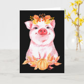 かわいい豚 花 秋 落葉 農場 動物 豚 カード (黄色い花)
