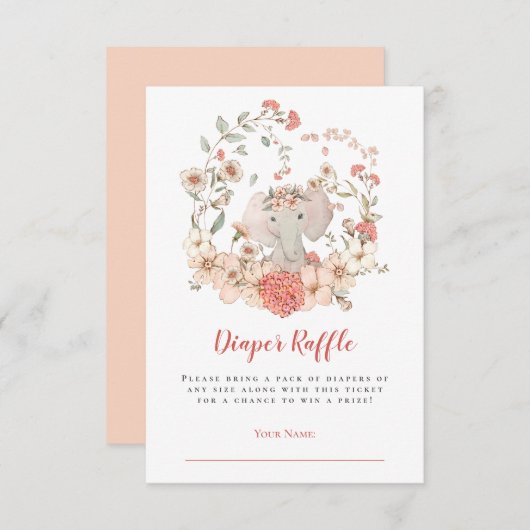 かわいい象おむつラッフルピーチベビーシャワー エンクロージャーカード (正面/裏面)