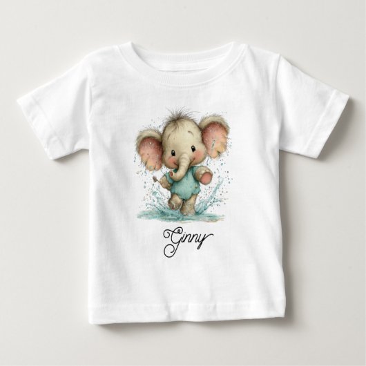かわいい象が水たまりで遊ぶ ベビーTシャツ (正面)