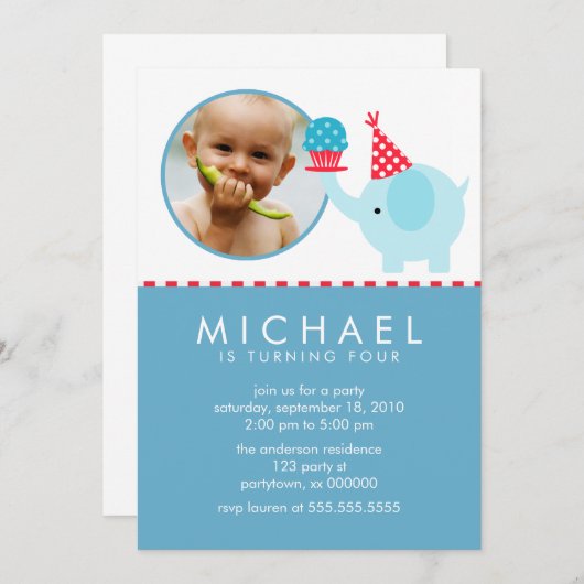 かわいい象とカップケーキのカスタム写真 招待状 (正面/裏面)