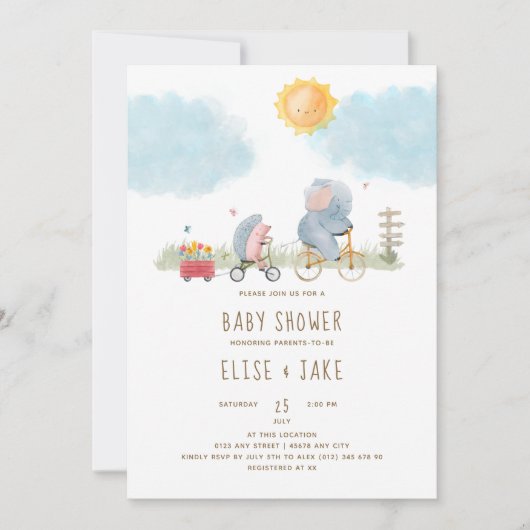 かわいい象とハリネズミ赤ちゃんシャワー招待状 招待状 (正面)