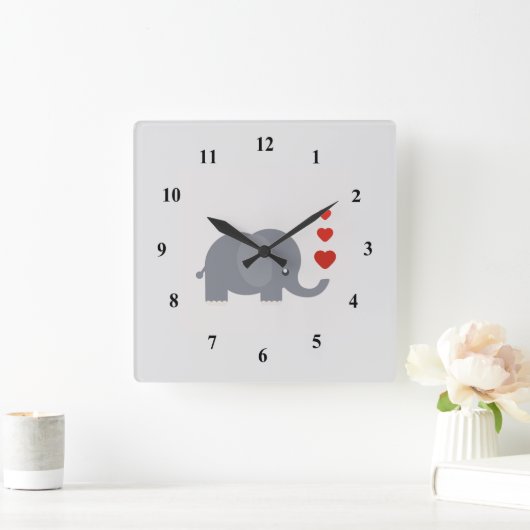 かわいい象とハートお洒落愛 スクエア壁時計 (ホーム)