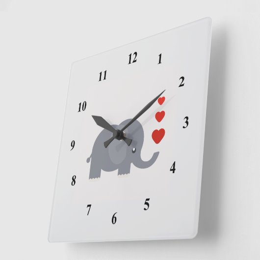 かわいい象とハートお洒落愛 スクエア壁時計 (傾斜)
