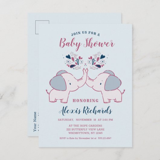 かわいい象とハートかわいい赤ちゃんシャワー インビテーションポストカード (正面/裏面)