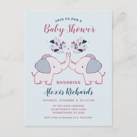 かわいい象とハートかわいい赤ちゃんシャワー インビテーションポストカード (正面)