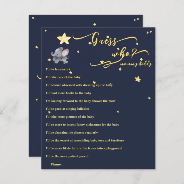 かわいい象とバルーン赤ちゃんシャワーゲーム (正面/裏面)