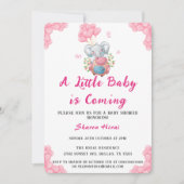 かわいい象とピンクの風船のベビーシャワー 招待状 (正面)