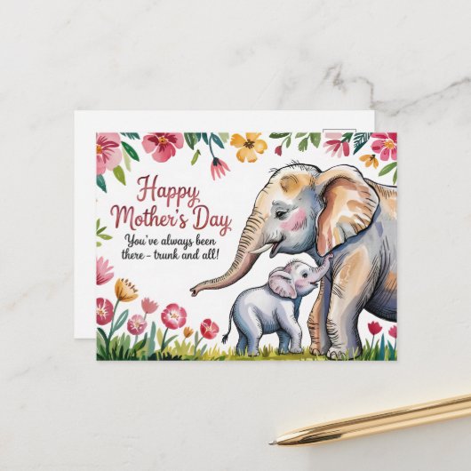 かわいい象とベビーフローラ母の日 ポストカード (正面/裏面インサイチュ)
