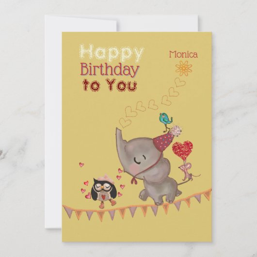 かわいい象とマウスイエロー誕生日カード シーズンカード (正面)