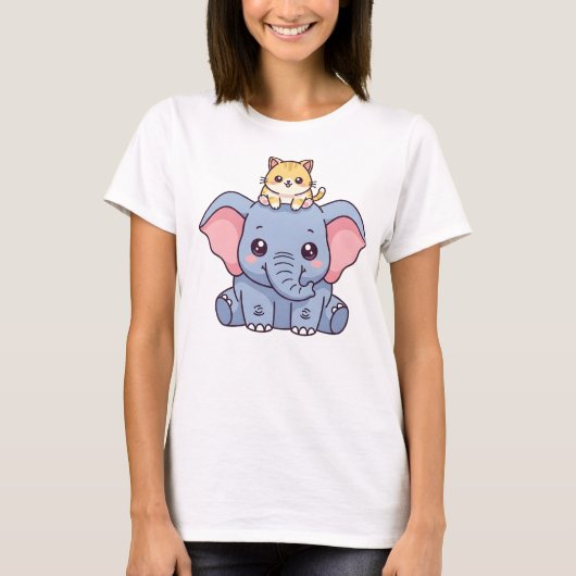 かわいい象と子猫のかわいい動物 Tシャツ (正面)