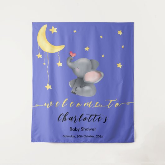 かわいい象と小さな蝶のベイビーシャワー タペストリー (正面)