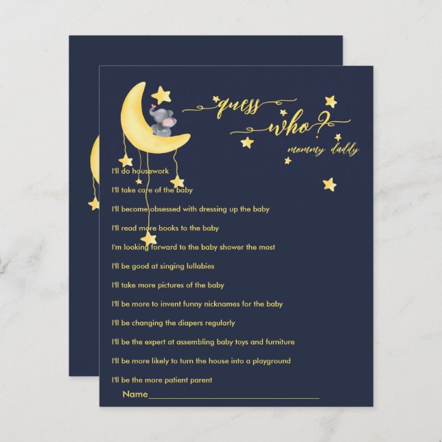 かわいい象と小さな蝶の赤ちゃんシャワーゲーム (正面/裏面)