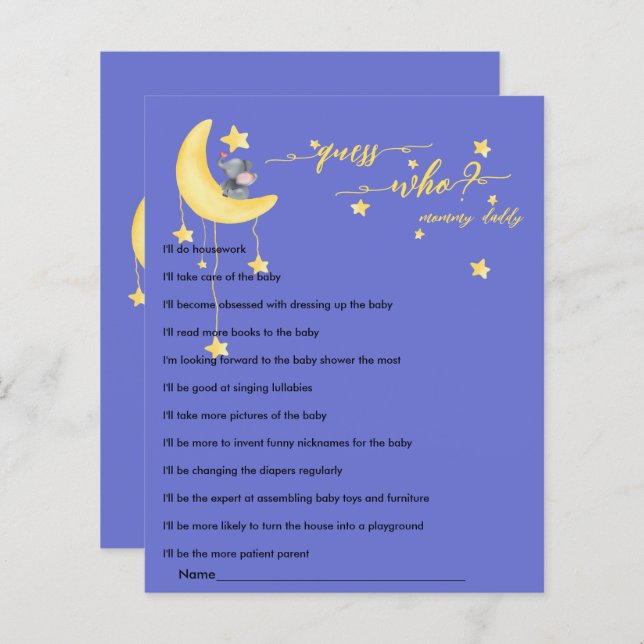 かわいい象と小さな蝶の赤ちゃんシャワーゲーム (正面/裏面)