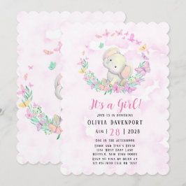 かわいい象と蝶の女の子ベビーシャワー 招待状