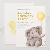 かわいい象と風船の誕生日 招待状 (正面/裏面)